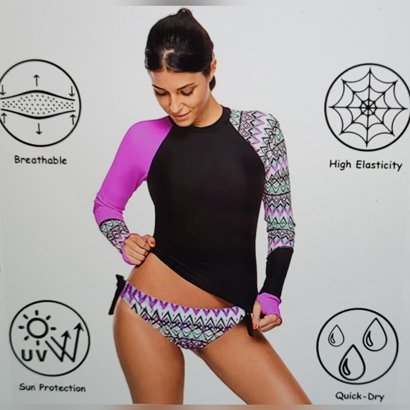 NWOT Pull Over Rash Guard Thumb Holes Side Tie Bikini Bottom swim suit Set - Picture 7 of 16